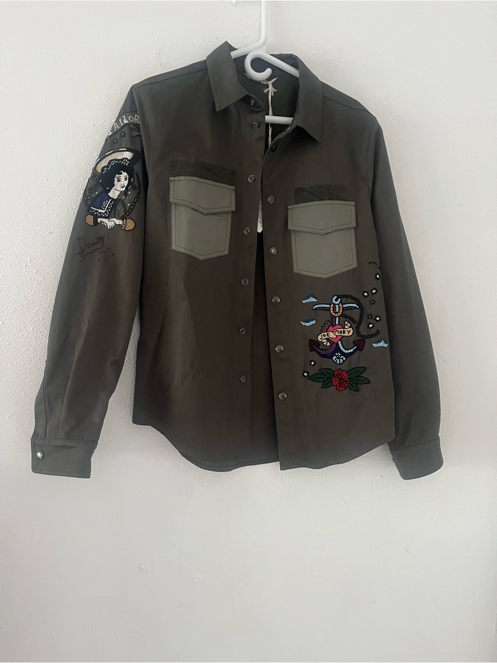 Valentino Olive Green Military Shirt Jacket with Embroidered Motifs Size 48
